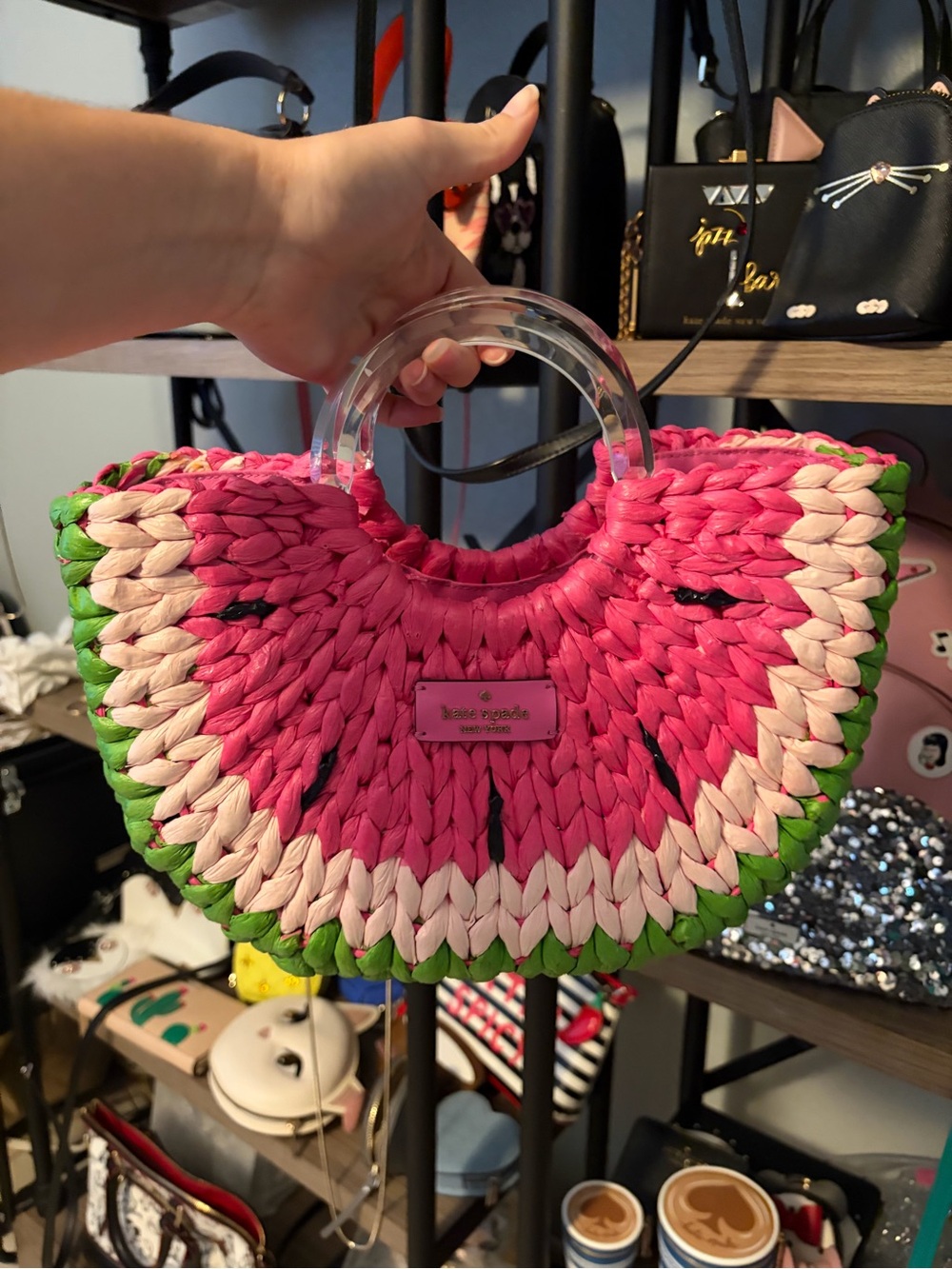 kate spade Pink Green white Watermelon Straw Tote with Clear Handles